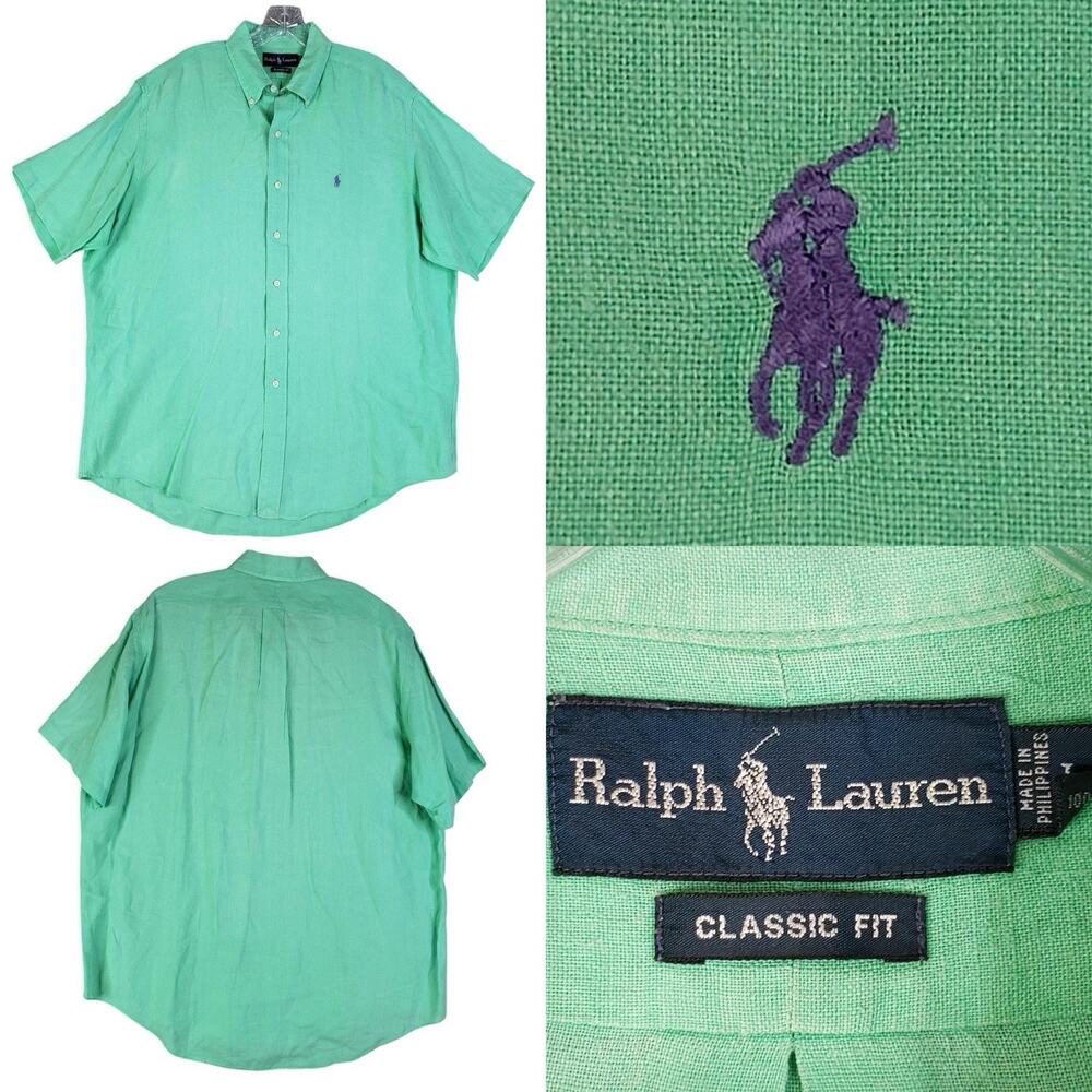 Polo Ralph Lauren Shirt Oxford Button Down Mens Size Large L SS Green Solid